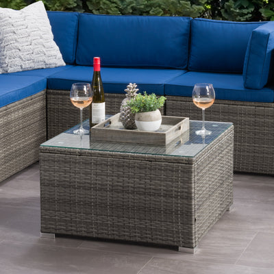 blended grey Square Outdoor Coffee Table Parksville Collection lifestyle scene by CorLiving#color_blended-grey-weave
