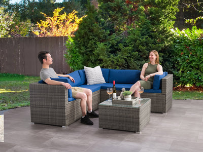 blended grey weave and oxford blue Patio Sectional Set, 6pc Parksville Collection lifestyle scene by CorLiving#color_blended-grey-weave-and-oxford-blue