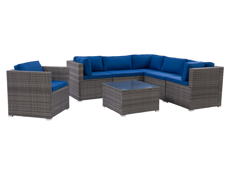 blended grey weave and oxford blue Outdoor Sectional Set, 7pc Parksville Collection product image by CorLiving