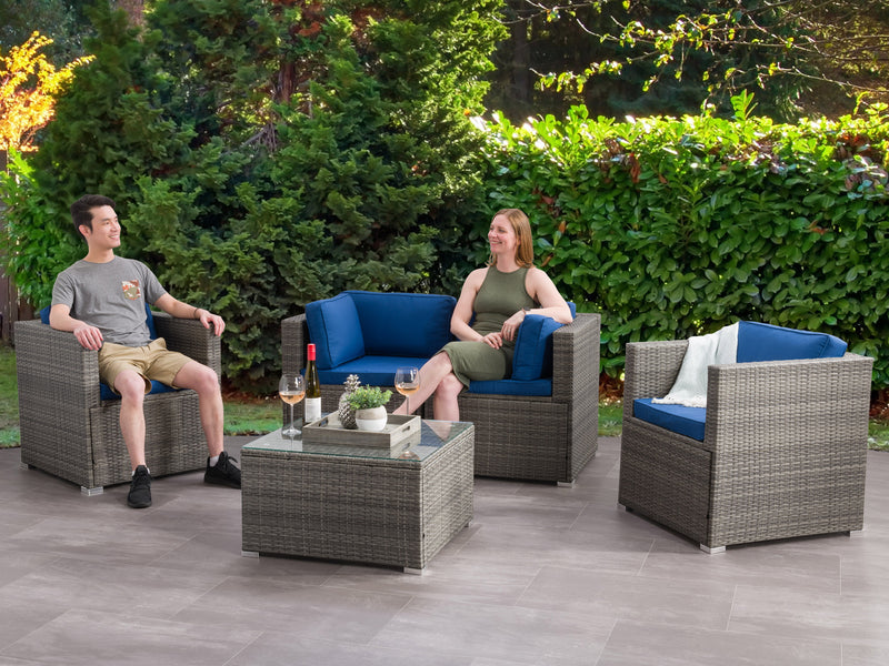 blended grey weave and oxford blue Outdoor Sofa Set, 5pc Parksville Collection lifestyle scene by CorLiving