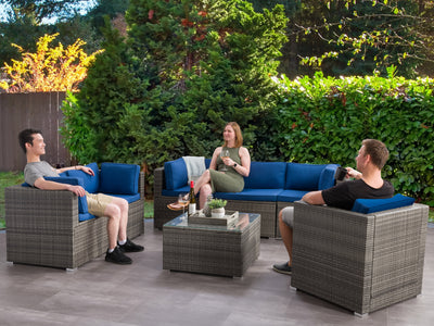 blended grey weave and oxford blue Outdoor Sofa Set, 7pc Parksville Collection lifestyle scene by CorLiving#color_blended-grey-weave-and-oxford-blue