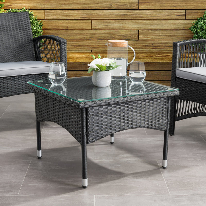 black weave Outdoor Wicker Side Table Parksville Collection lifestyle scene by CorLiving