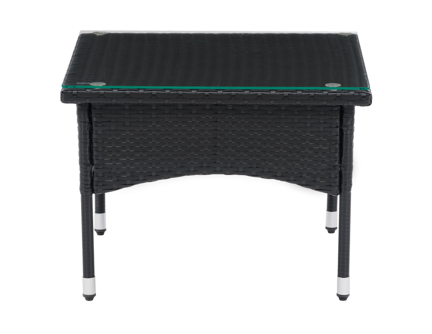 Outdoor wicker side table with a round glass top, brown rattan base, and sturdy design, perfect for patio or garden use.