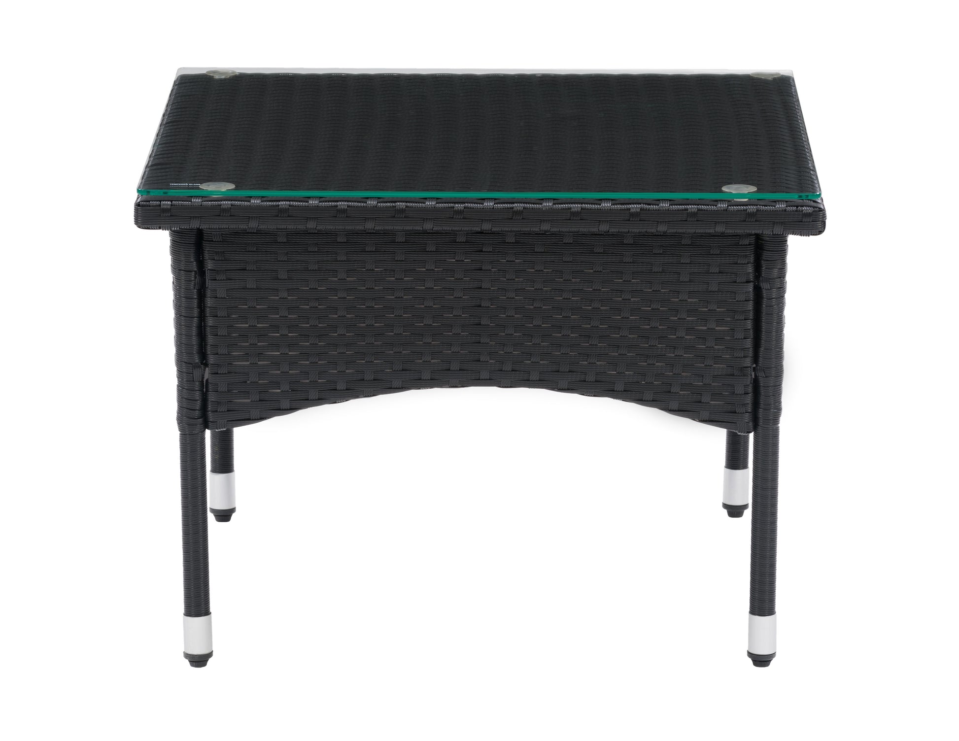 Outdoor wicker side table with a round glass top, brown rattan base, and sturdy design, perfect for patio or garden use.