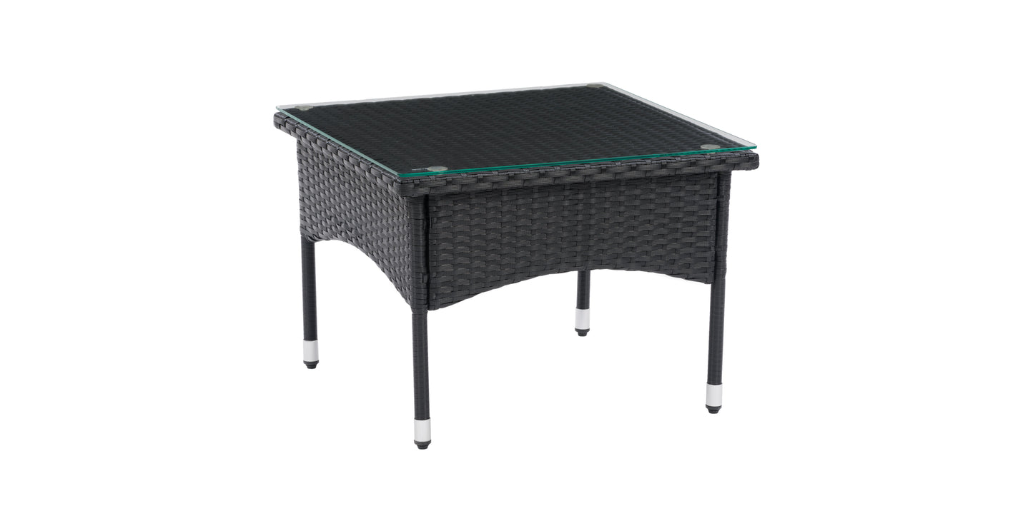Outdoor wicker side table with a round glass top, featuring a sturdy brown rattan weave and a sleek modern design, perfect for patios and gardens. Durable and weather-resistant materials ensure long-lasting use.