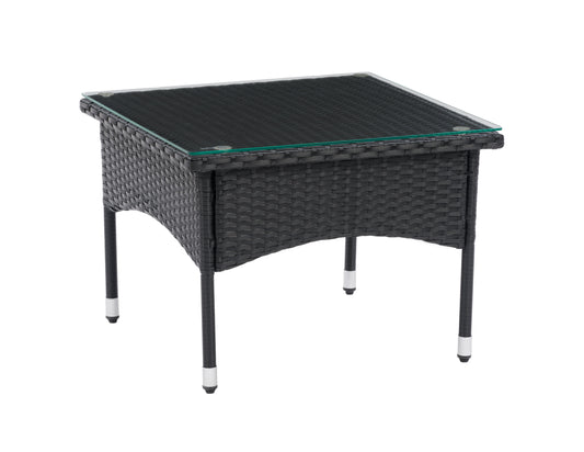 Outdoor wicker side table with round glass top, brown woven rattan base, and sturdy metal frame. Ideal for patio or garden use, this elegant and durable table complements outdoor furniture sets.