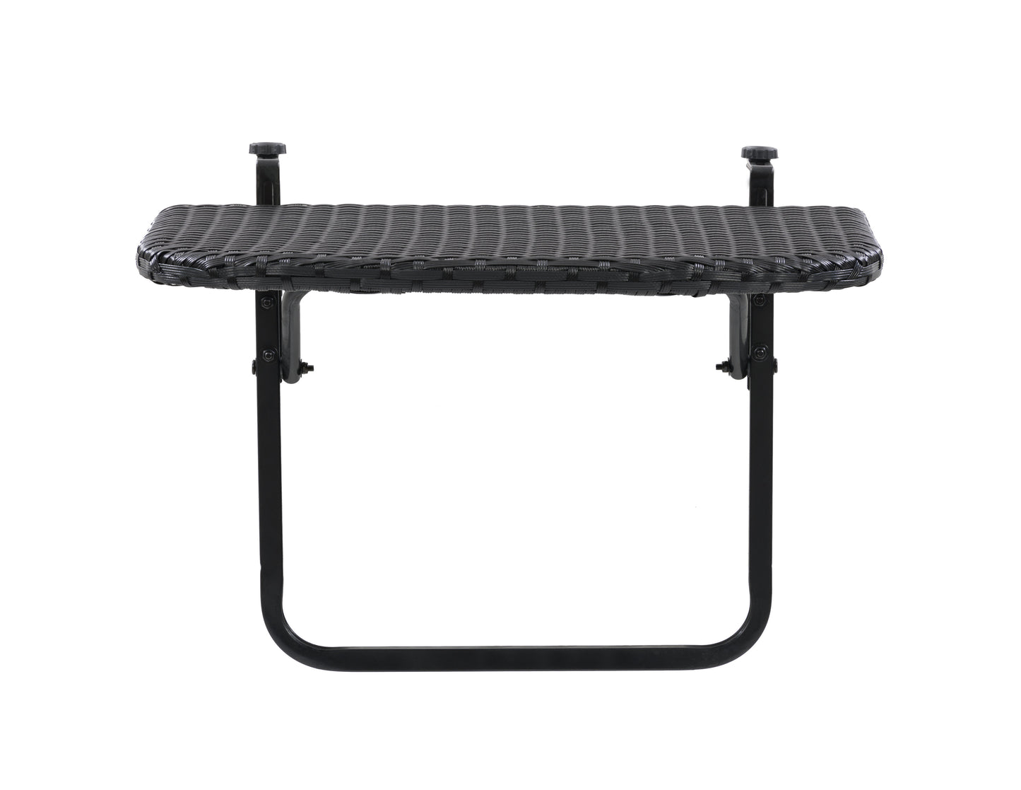 Black metal balcony railing table with wooden top, designed for outdoor use; features sturdy construction, weather-resistant materials, and easy installation for small spaces or patios.