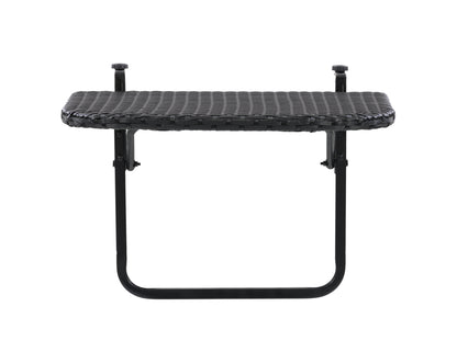 Black metal balcony railing table with wooden top, designed for outdoor use; features sturdy construction, weather-resistant materials, and easy installation for small spaces or patios.