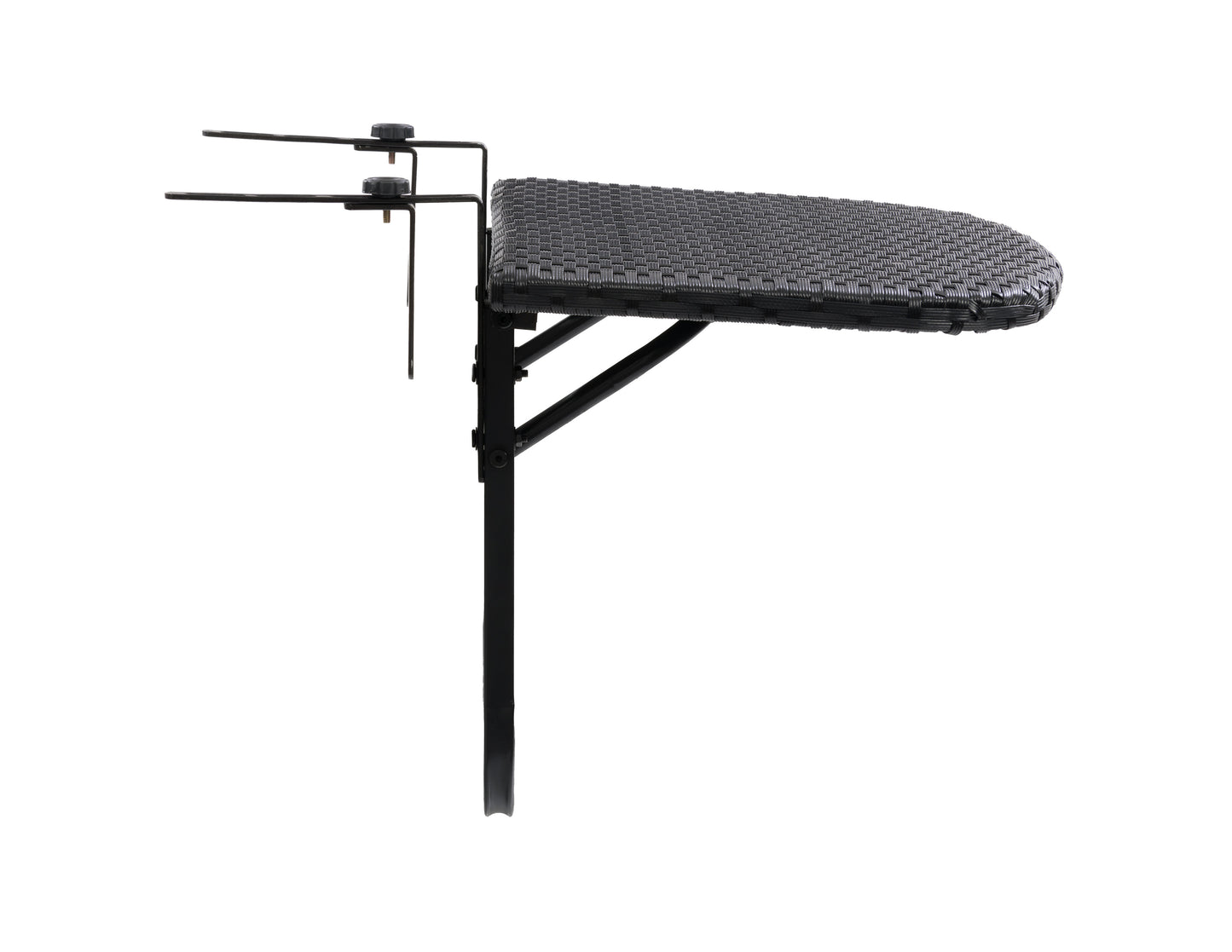 Black metal balcony railing table with natural wood top, adjustable brackets, and space-saving design for small patios or balconies. Ideal for outdoor dining, drinks, or laptop use.