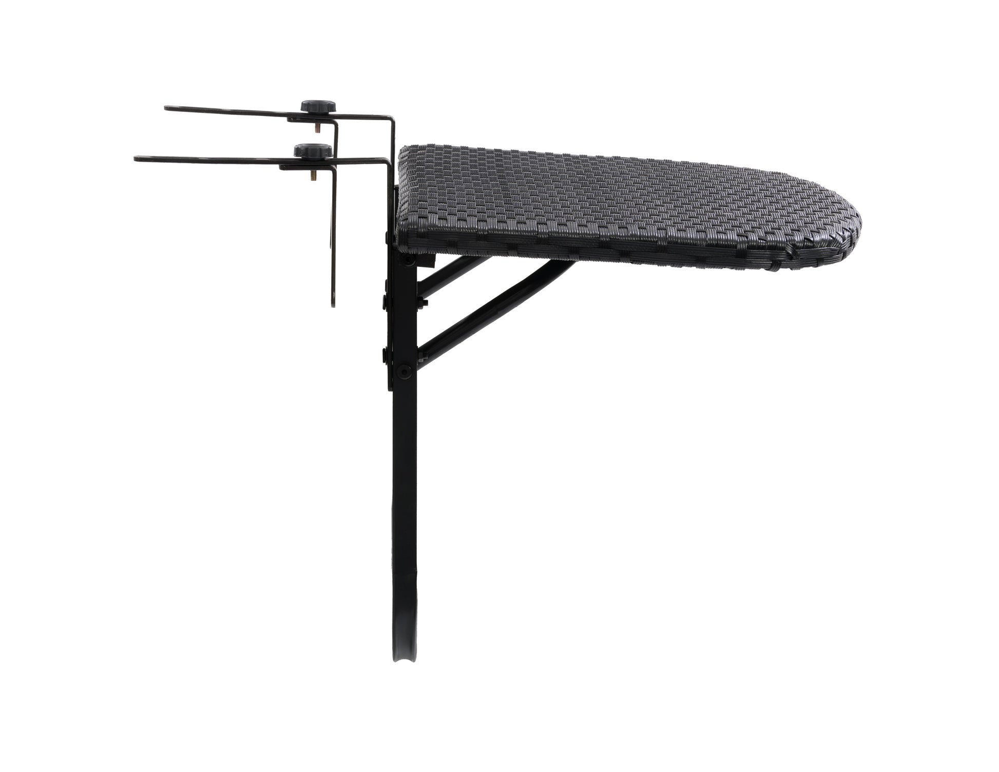 Black metal balcony railing table with natural wood top, adjustable brackets, and space-saving design for small patios or balconies. Ideal for outdoor dining, drinks, or laptop use.