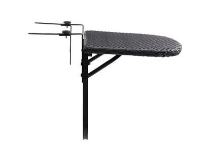 Black metal balcony railing table with natural wood top, adjustable brackets, and space-saving design for small patios or balconies. Ideal for outdoor dining, drinks, or laptop use.