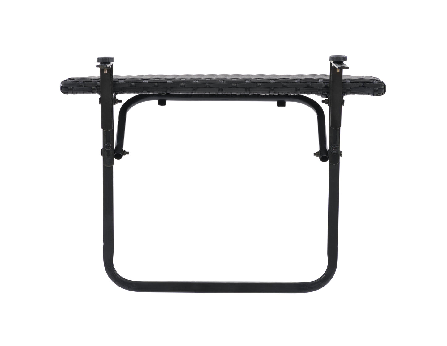 Rectangular balcony railing table in dark wood finish with black metal frame, adjustable clamps, and foldable design. Ideal for small outdoor spaces, offering a stylish and functional surface for dining or working.