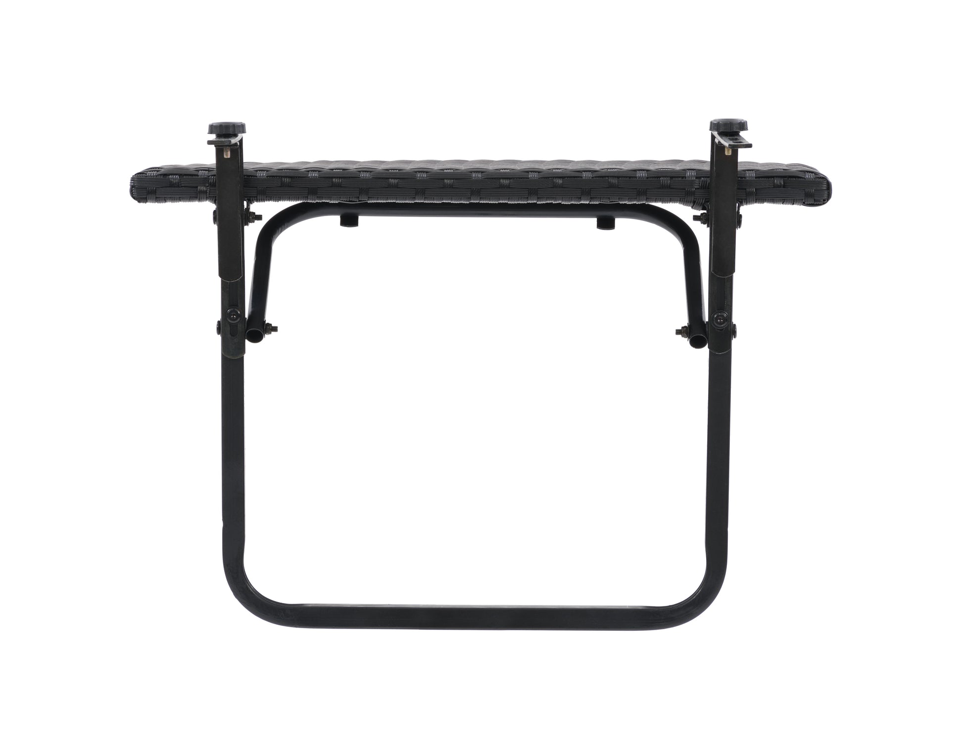 Rectangular balcony railing table in dark wood finish with black metal frame, adjustable clamps, and foldable design. Ideal for small outdoor spaces, offering a stylish and functional surface for dining or working.