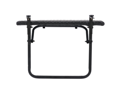 Rectangular balcony railing table in dark wood finish with black metal frame, adjustable clamps, and foldable design. Ideal for small outdoor spaces, offering a stylish and functional surface for dining or working.