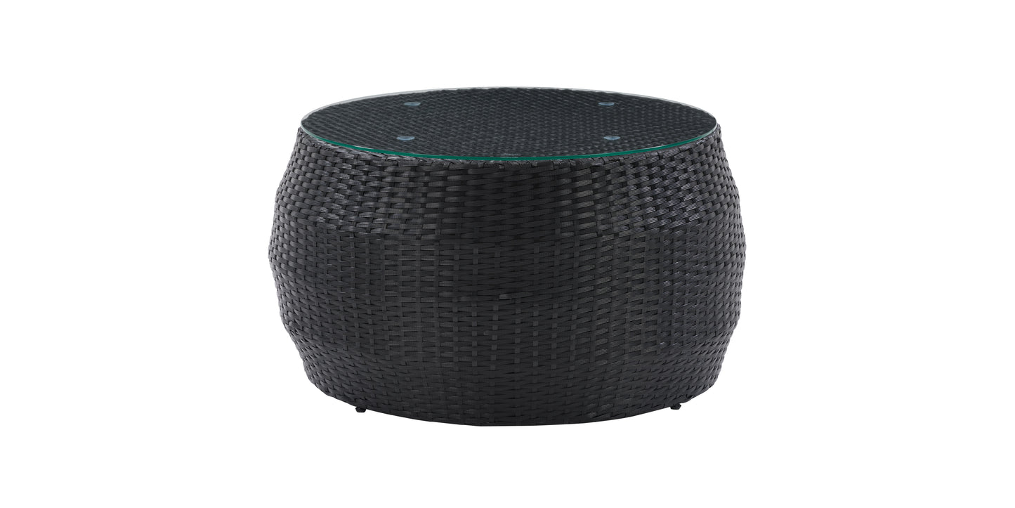 Round wicker patio coffee table with glass top, featuring a natural rattan weave design, sturdy aluminum frame, and weather-resistant materials, perfect for outdoor living spaces and garden decor.