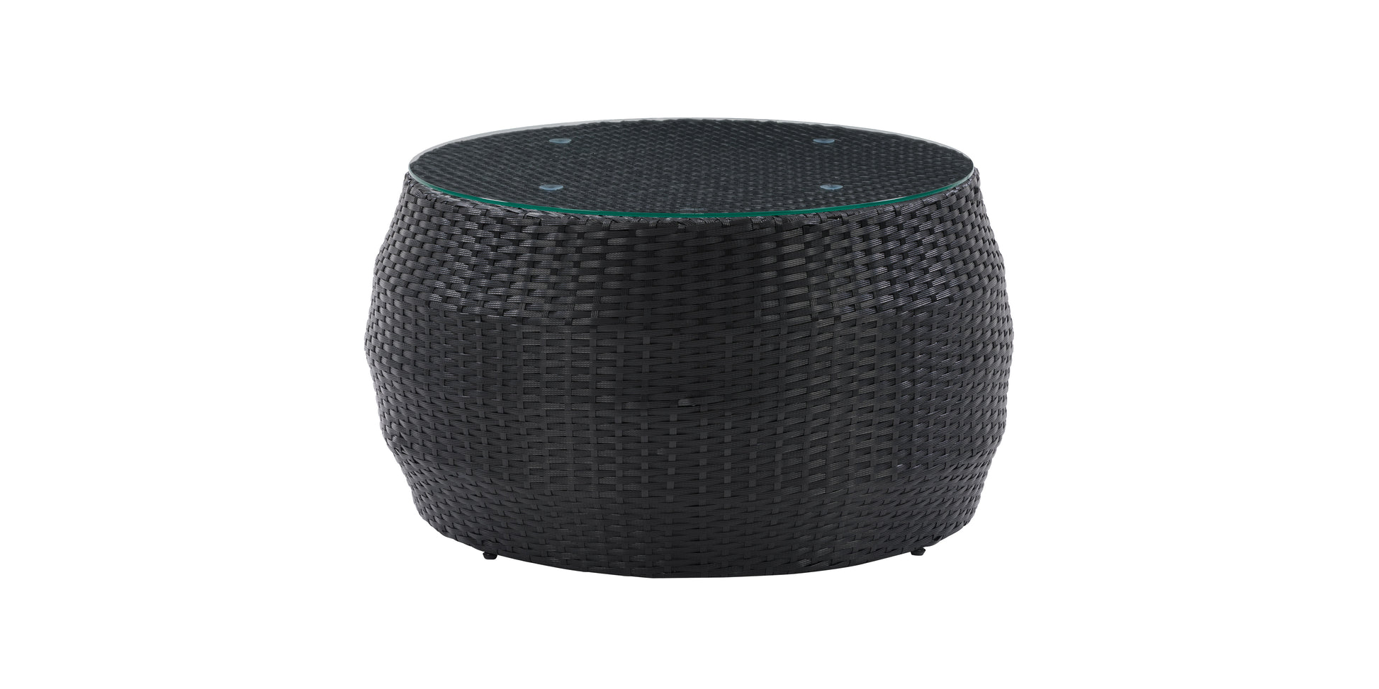 Round wicker patio coffee table with glass top, featuring a natural rattan weave design, sturdy aluminum frame, and weather-resistant materials, perfect for outdoor living spaces and garden decor.