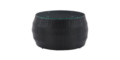 Round wicker patio coffee table with glass top, featuring a natural rattan weave design, sturdy aluminum frame, and weather-resistant materials, perfect for outdoor living spaces and garden decor.