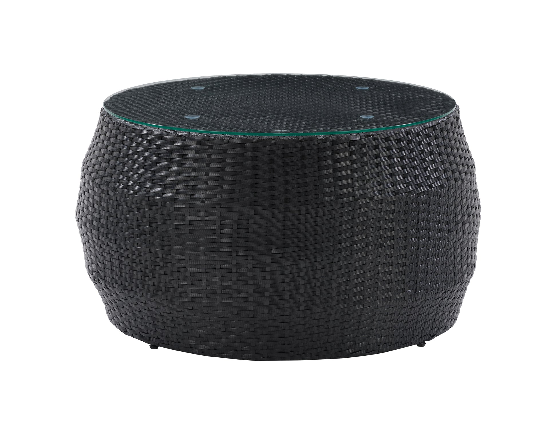 Round wicker coffee table with glass top, featuring intricate woven wicker design in natural brown tones, perfect for outdoor patio use. Durable and stylish, ideal for enhancing your garden or patio decor.