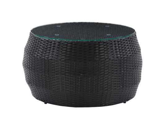 Round wicker coffee table with glass top, featuring intricate woven wicker design in natural brown tones, perfect for outdoor patio use. Durable and stylish, ideal for enhancing your garden or patio decor.