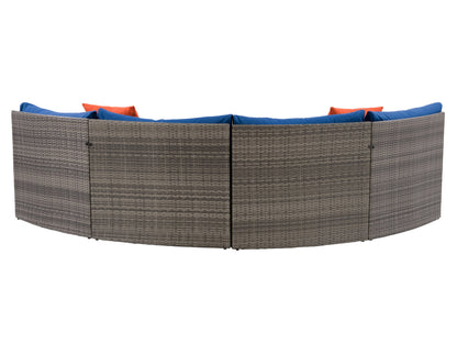 Curved outdoor patio sectional sofa in beige wicker with cream cushions, featuring a modern design with a durable aluminum frame and weather-resistant materials, perfect for garden or backyard lounging.