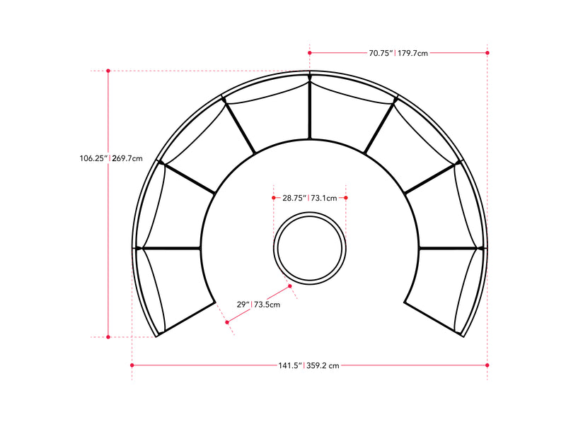blended grey and oxford blue Circular Outdoor Seating, 5pc Parksville Collection measurements diagram by CorLiving