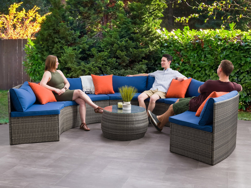 blended grey and oxford blue Circular Outdoor Seating, 5pc Parksville Collection lifestyle scene by CorLiving
