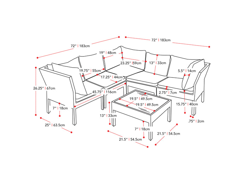 black and ash grey Patio Sectional Set, 6pc Parksville Collection measurements diagram by CorLiving