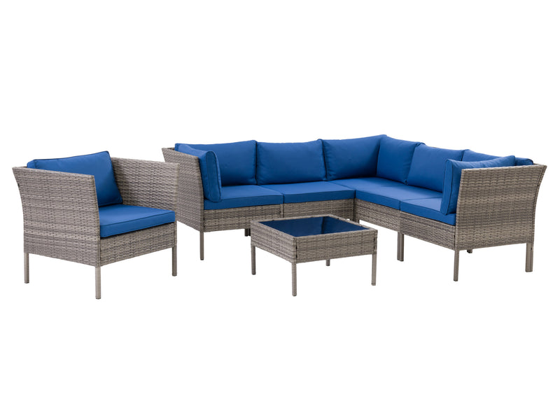 blended grey weave and oxford blue L Shaped Outdoor Sectional, 7pc Parksville Collection product image by CorLiving