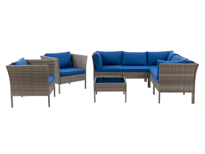 blended grey weave and oxford blue L Shaped Outdoor Sectional, 8pc Parksville Collection product image by CorLiving#color_blended-grey-weave-and-oxford-blue