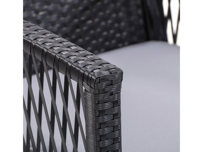 Modern 4-piece patio conversation set with dark wicker frame, beige cushions, glass-top coffee table, and durable outdoor materials, perfect for stylish and comfortable outdoor relaxation.
