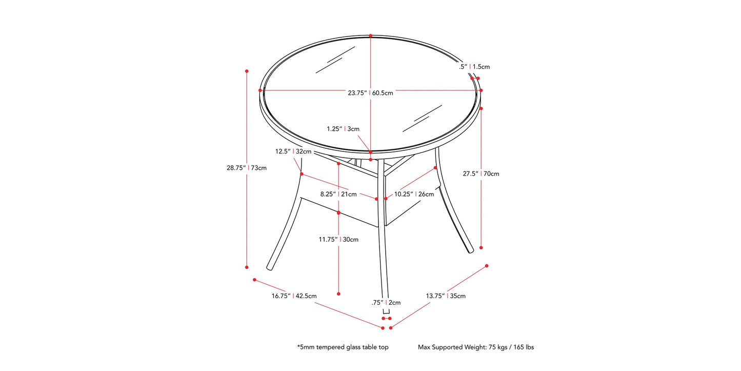 Black and white bistro patio table with round top, sturdy metal frame, and intricate geometric design. Ideal for outdoor dining and garden settings.