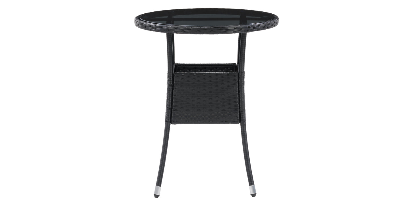 Modern patio bistro table with round white top, sleek wooden legs, and metal accents. Ideal for outdoor dining or garden decor. Durable and stylish, perfect for contemporary outdoor spaces.