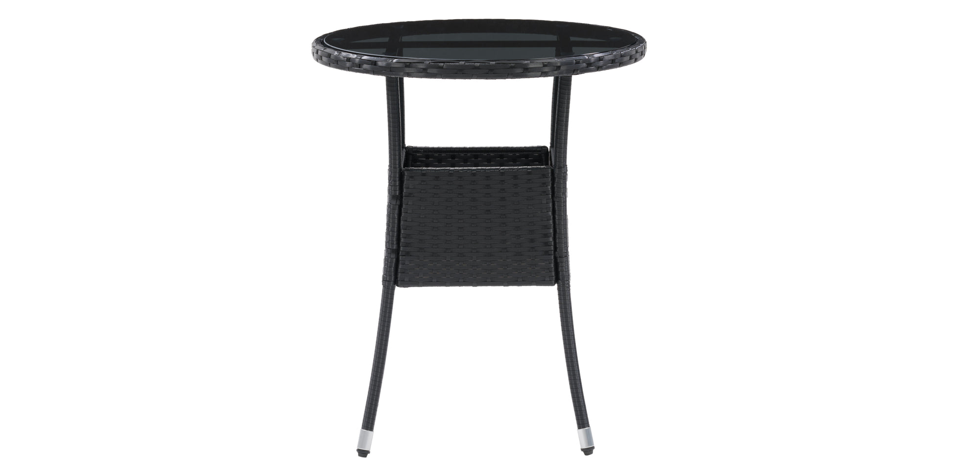 Modern patio bistro table with round white top, sleek wooden legs, and metal accents. Ideal for outdoor dining or garden decor. Durable and stylish, perfect for contemporary outdoor spaces.