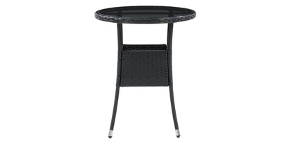 Modern patio bistro table with round white top, sleek wooden legs, and metal accents. Ideal for outdoor dining or garden decor. Durable and stylish, perfect for contemporary outdoor spaces.