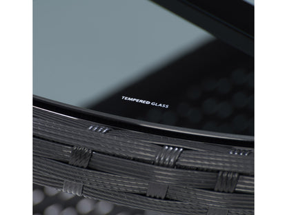 Modern 3-piece patio bistro set with a round glass-top table and two cushioned wicker chairs in beige and brown, featuring durable steel frames and weather-resistant materials ideal for outdoor dining.