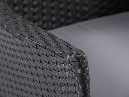 Modern 3-piece patio bistro set with a round glass-top table and two cushioned wicker chairs in beige and brown, featuring durable steel frames and weather-resistant materials ideal for outdoor dining.