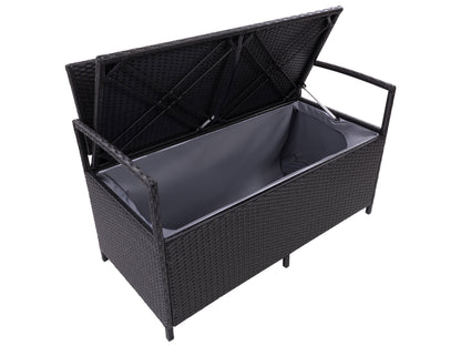 Beige outdoor patio bench with storage compartment, featuring a slatted backrest, armrests, and durable wooden construction. Ideal for garden or deck seating and organization.