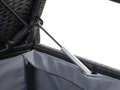 Outdoor patio bench with storage, featuring a sleek black metal frame, natural wood slats, and a weather-resistant finish. Ideal for garden seating and convenient outdoor storage.