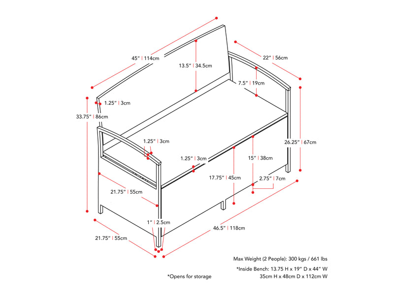 black weave Outdoor Bench with Storage Parksville Collection measurements diagram by CorLiving
