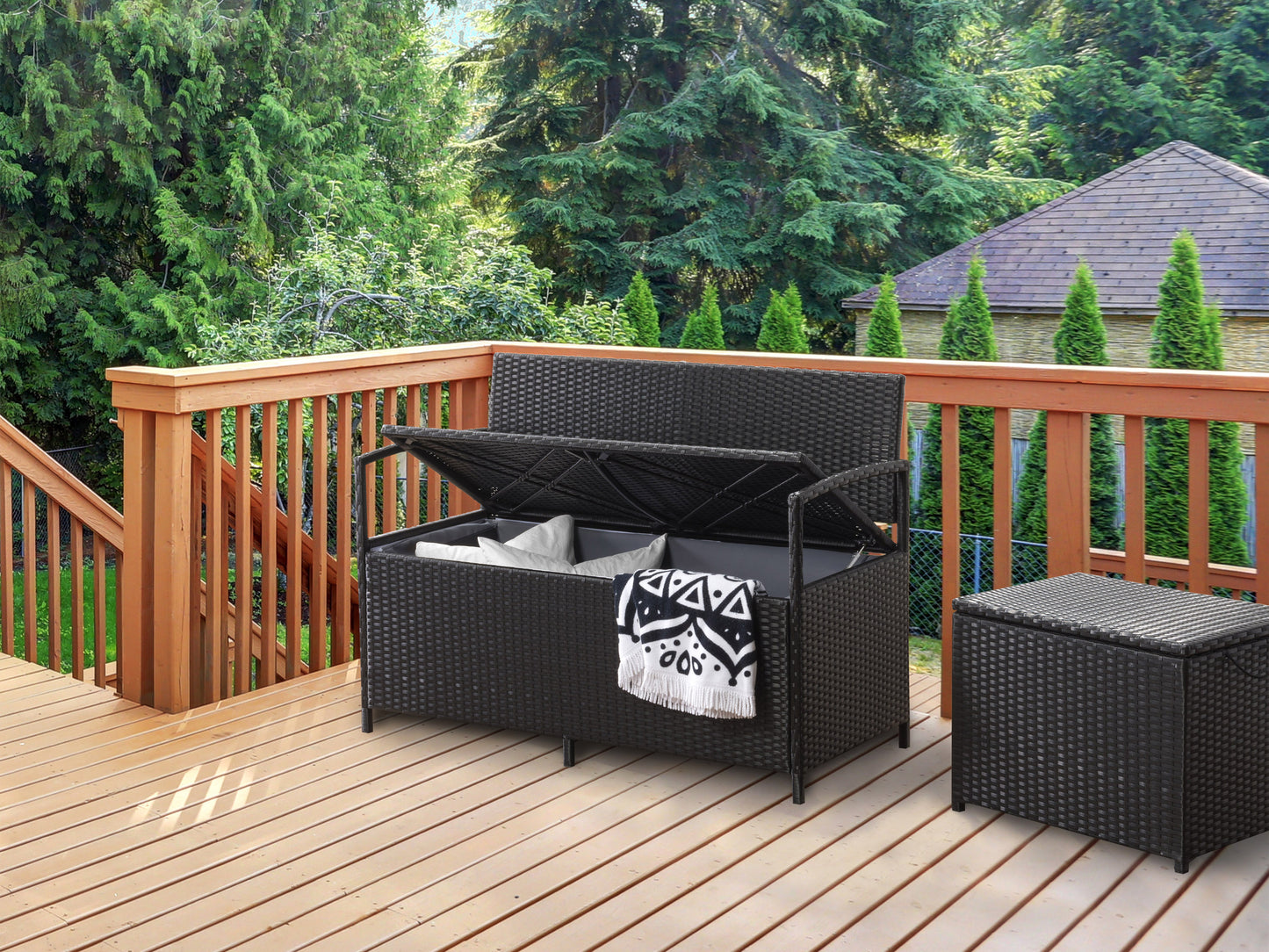 Outdoor patio bench with storage, featuring a natural wood finish and slatted design, complemented by sturdy black metal frame and armrests. Ideal for garden or porch, combining seating and practical storage space.