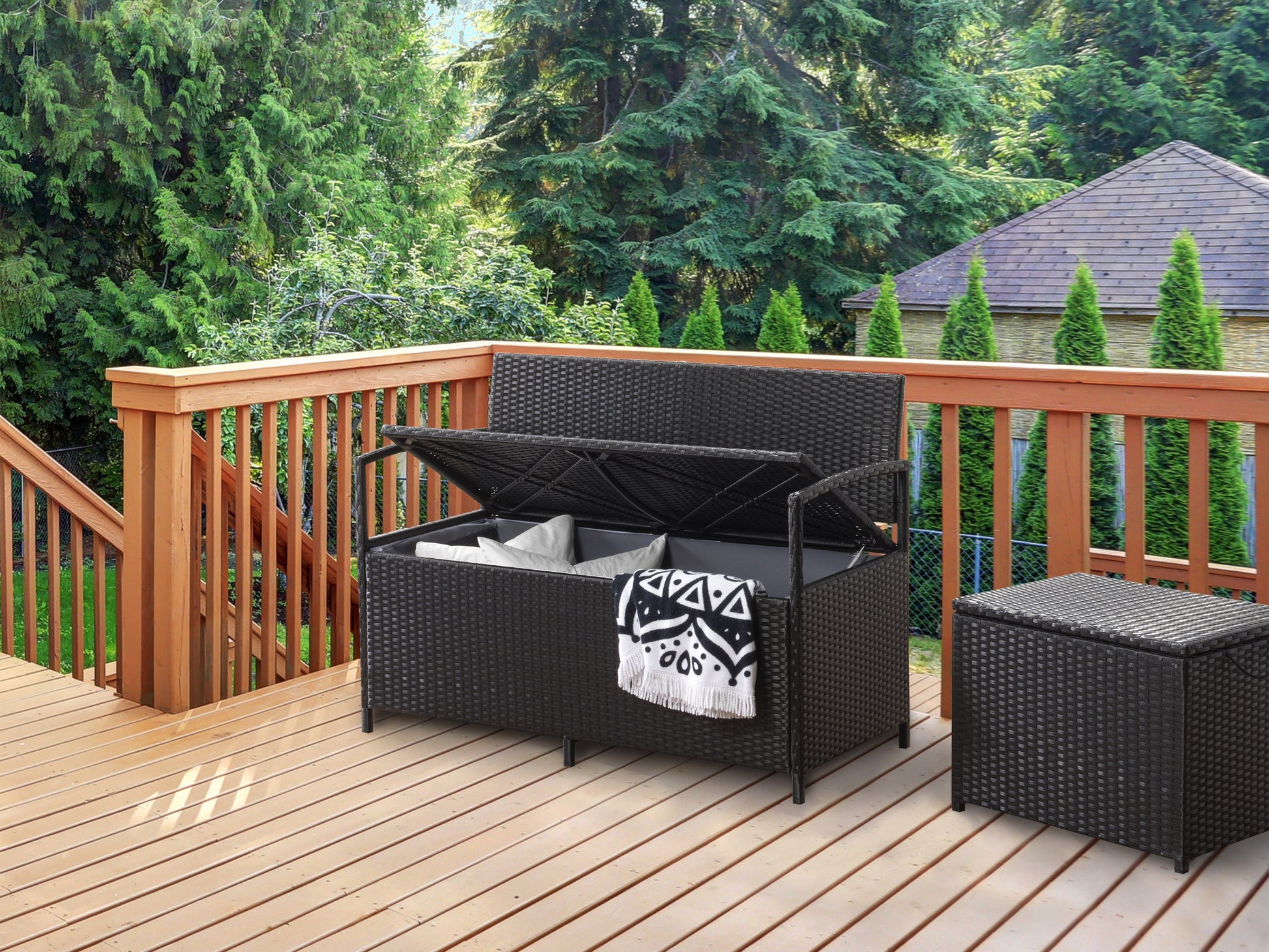 Outdoor patio bench with storage, featuring a natural wood finish and slatted design, complemented by sturdy black metal frame and armrests. Ideal for garden or porch, combining seating and practical storage space.