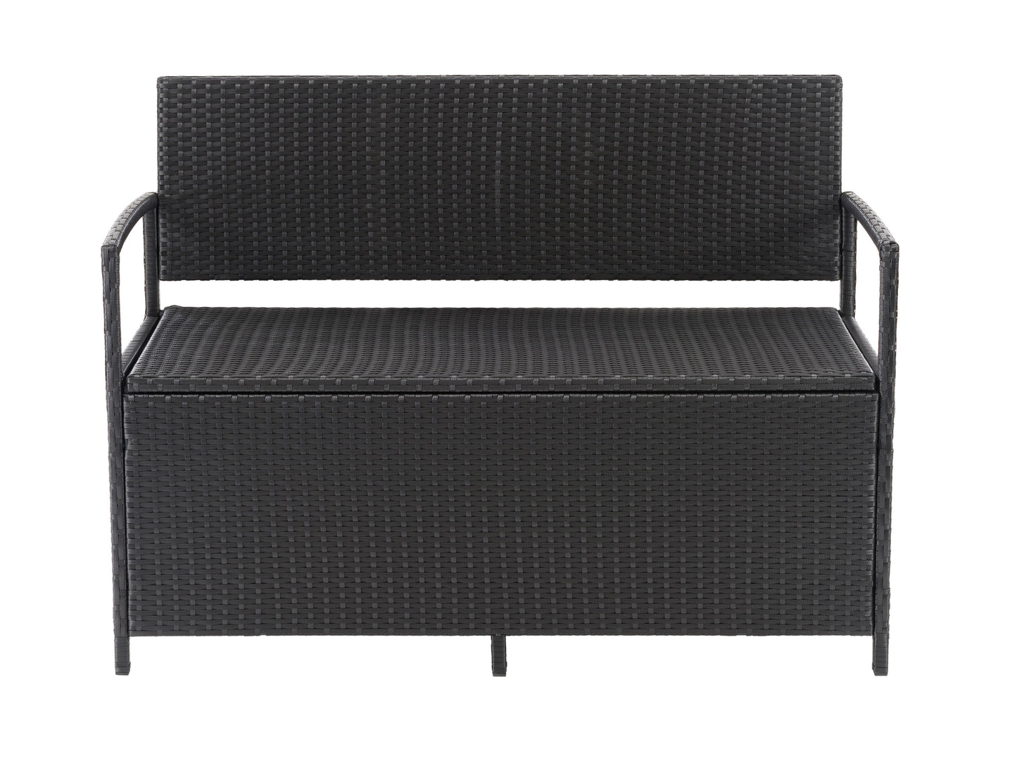Outdoor patio bench with storage, featuring a sturdy wooden frame in a warm brown finish, slatted backrest and seat, and spacious under-seat storage compartment. Ideal for garden or patio seating.