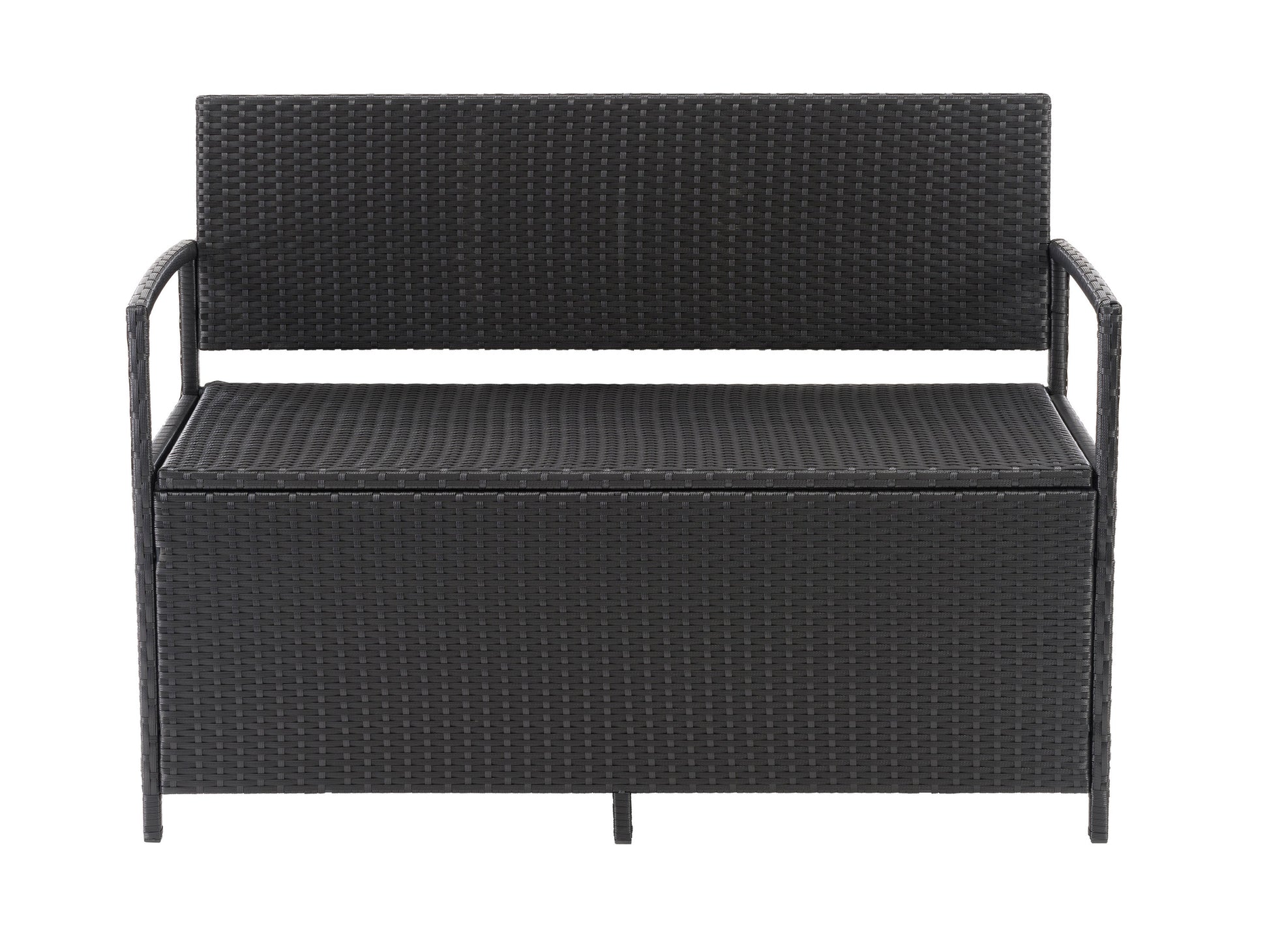 Outdoor patio bench with storage, featuring a sturdy wooden frame in a warm brown finish, slatted backrest and seat, and spacious under-seat storage compartment. Ideal for garden or patio seating.