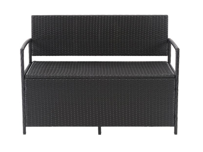 Outdoor patio bench with storage, featuring a sturdy wooden frame in a warm brown finish, slatted backrest and seat, and spacious under-seat storage compartment. Ideal for garden or patio seating.