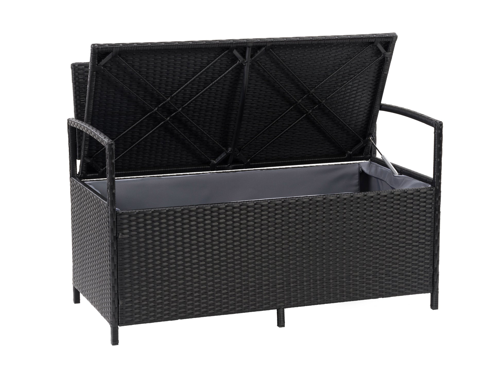 Dark brown wooden outdoor patio bench with storage, featuring a slatted backrest and seat, armrests, and a hinged seat for easy access to storage space. Ideal for gardens, porches, and patios.