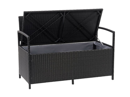 Dark brown wooden outdoor patio bench with storage, featuring a slatted backrest and seat, armrests, and a hinged seat for easy access to storage space. Ideal for gardens, porches, and patios.