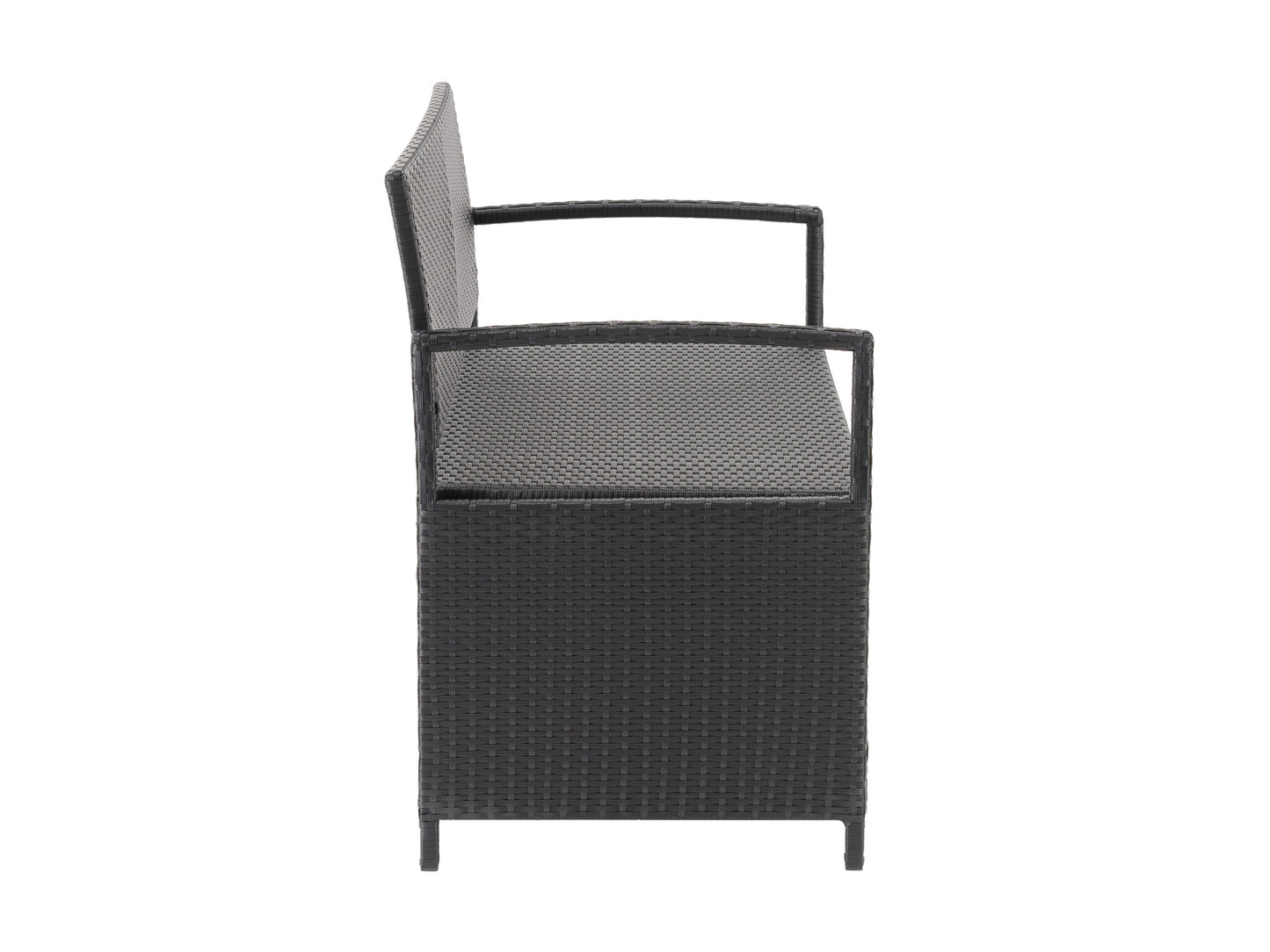 Outdoor bench with storage, grey and brown wicker, cushioned seat, sturdy wooden frame, ideal for patio or garden seating, weather-resistant, comfortable and functional for outdoor spaces.