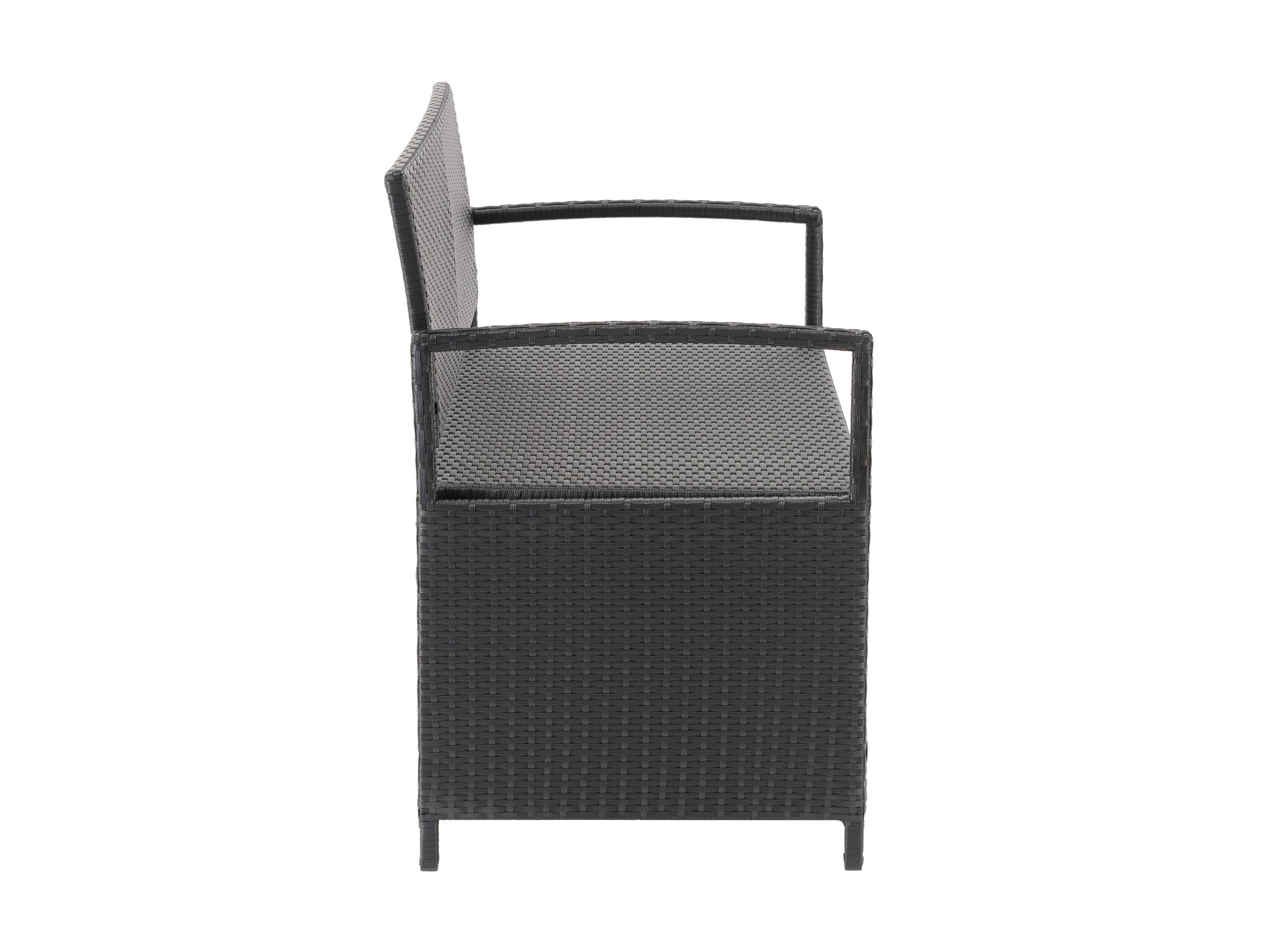 Outdoor bench with storage, grey and brown wicker, cushioned seat, sturdy wooden frame, ideal for patio or garden seating, weather-resistant, comfortable and functional for outdoor spaces.