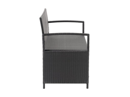 Outdoor bench with storage, grey and brown wicker, cushioned seat, sturdy wooden frame, ideal for patio or garden seating, weather-resistant, comfortable and functional for outdoor spaces.