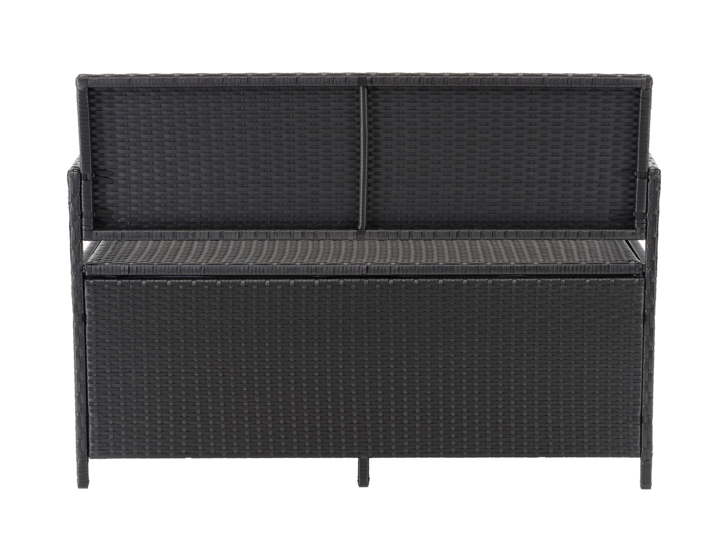 Outdoor patio bench with storage, featuring a wooden slatted seat and backrest in warm brown tones, durable metal frame in black, and under-seat storage compartment for garden tools or cushions.